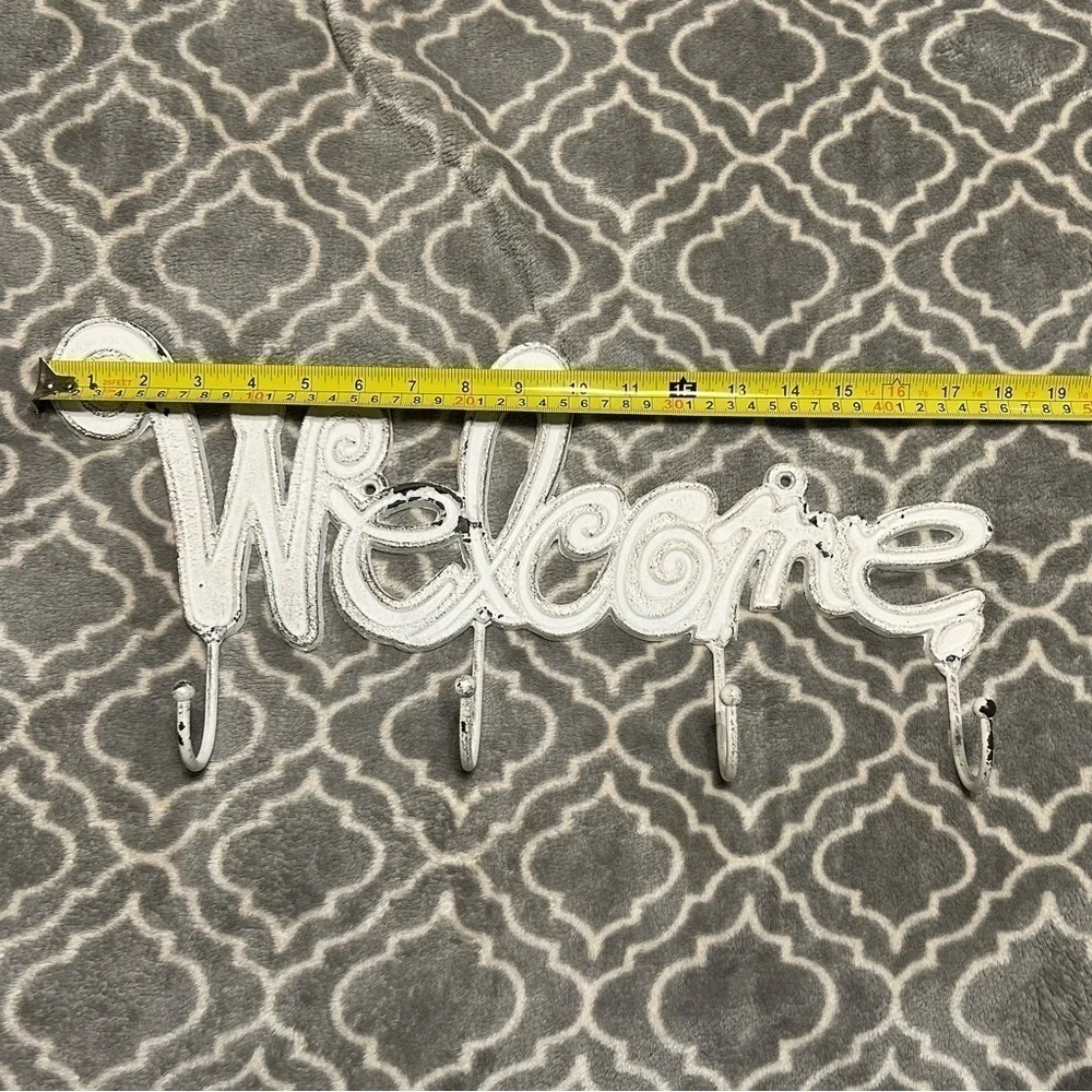 Beautiful Country-Chic Painted Metal Welcome Wall Decor With Coat Hooks.